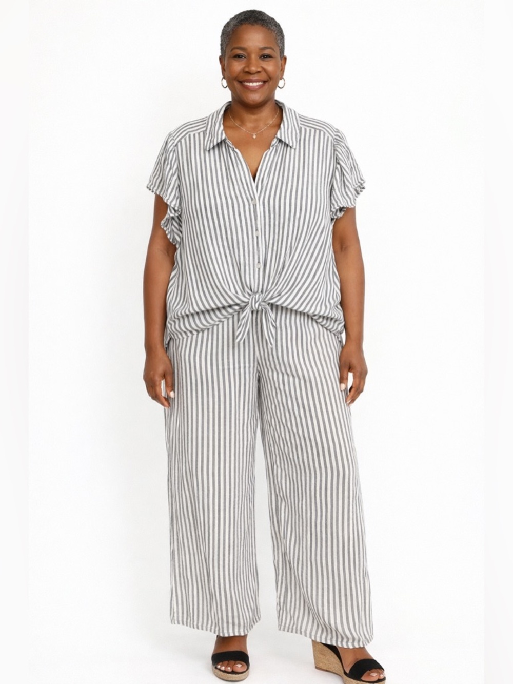 Jane & Delancey Striped Wide-Leg Linen Blend Pants Set Sz 2X Vacation Cruise